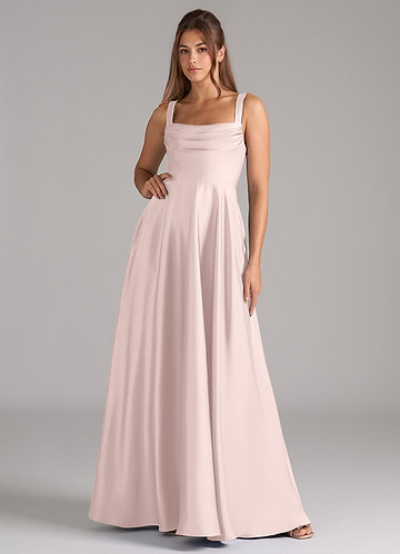 Azazie Shaude Bridesmaid Dresses Blushing Pink A-Line Pleated Stretch Satin Dress image1