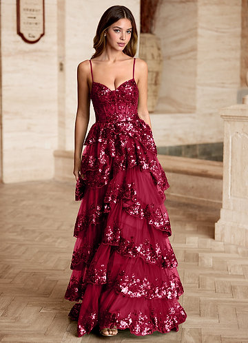 Tindra Burgundy Sequins Ruffles Prom Dress image1