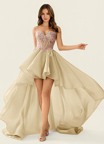 Yasmina Champagne Korsettbalklänning med snörning och volang i spets image1