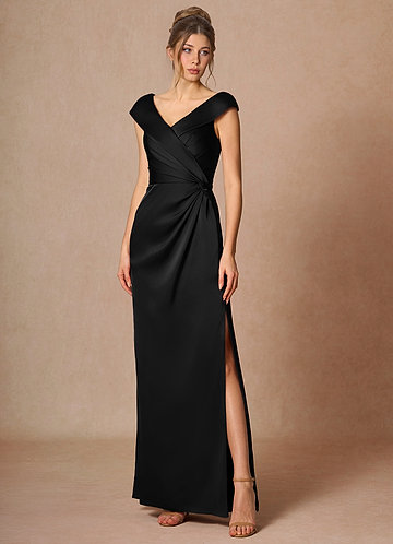 azazie black satin bridesmaid dresses Azazie Sheath Scoop Neck Floor-Length Stretch Satin Bridesmaid Dresses