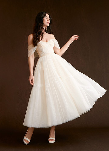 hn-veronica Brocade tea length wedding dress with subtle bow and elegant cut