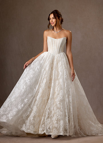 strapless open back dress A-Line/Princess Tulle Chapel Train Wedding Dresses with Appliques Lace –  Okeydress