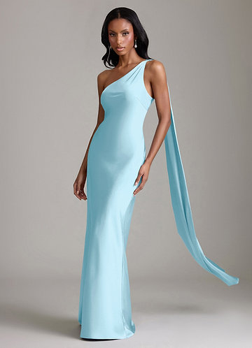 Azazie Juniper Brudtärneklänningar Klä av Sjöjungfru i Stretch Satin Ena axeln Himmelsblå image1