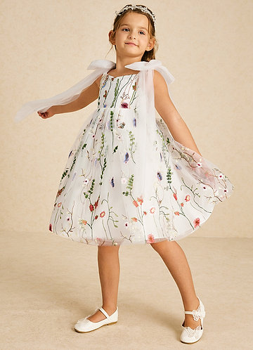 Azazie Prunella Flower Girl Dresses Ivory A-Line Lace Tulle Dress image1