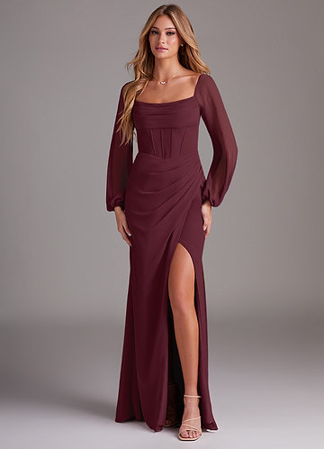 chinese dress ladies Long Sleeves Burgundy Mermaid Bridesmaids Dresses Illusion Off Shoulder  Lace Appliques DTB38 – DressTok.co.uk main image 0