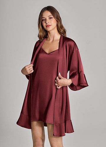 front Burgundy 2-Piece Ruffle Satin Robe and Slip Set