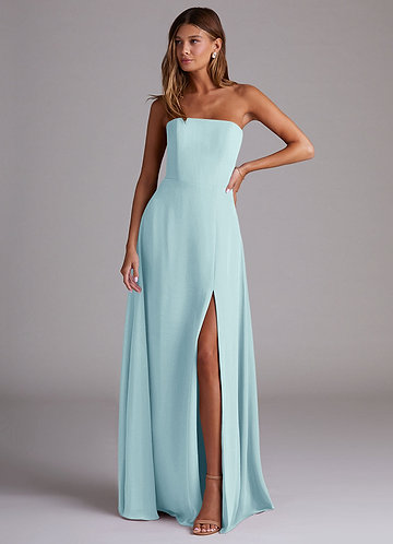 light blue satin bridesmaid dress Light Blue Satin Prom Dress Lace Trim Sweetheart Keyhole Back Slit Gow   SposaDresses