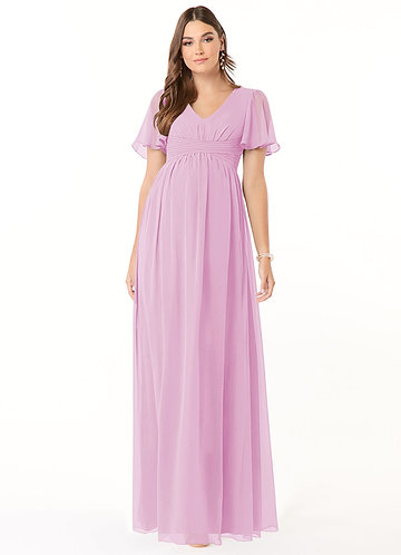 knee length dresses for ladies Momyknows Purple Oblique Shoulder Print Ruched Maternity Baby Shower Maxi Dress Purple / S main image 0