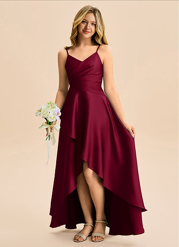 Azazie Eirlys Junior Burgundy A-Line Pleated Stretch Satin Dress image1