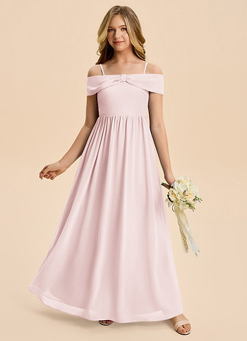 Azazie Coran Junior A-Line Off-Shoulder Chiffon Gulv-længde Junior brudepige Kjole image1