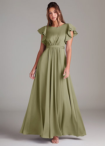 Azazie Daphne 겸손한 신부 들러리 드레스 A라인 셔링 스트레치 새틴 플로어 길이 드레스 image1