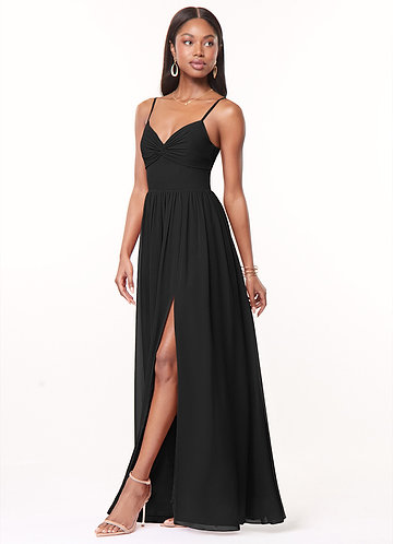 Azazie Zeya Bridesmaid Dresses Black A-Line V-Neck Pleated Chiffon Dress image1