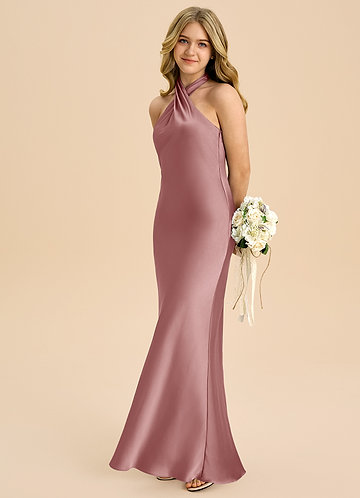 Azazie Chickie Junior Robe Fourreau en Satin extensible Plissée Rose Poussiéreuse image1