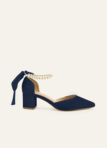 front Matching Color Matte Satin Pearl and Bow Pointed Toe Block Heels