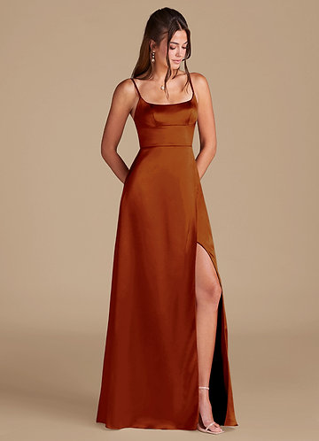 Azazie Halsey Robes Demoiselle d'honneur Robe Trapèze en Satiné métallisé Fente Latérale Auburn image1