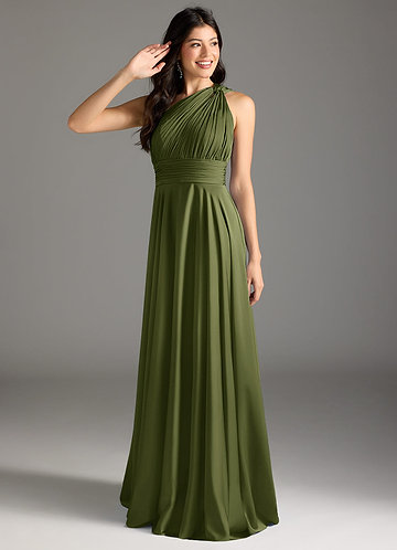 Azazie Charlize Bridesmaid Dresses Olive A-Line One Shoulder Stretch Satin Dress image1