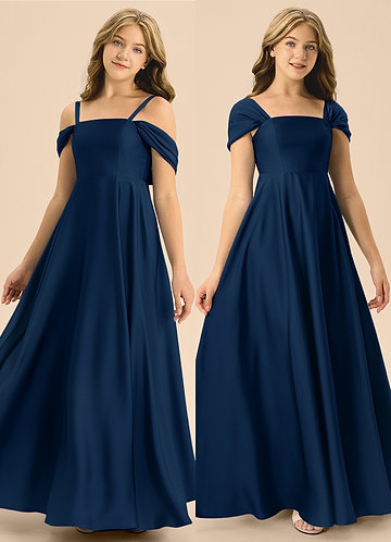 Azazie Rowena Junior Vestido de Azul Marino Oscuro de Satén Elástico de Corte en A con Lazo image1