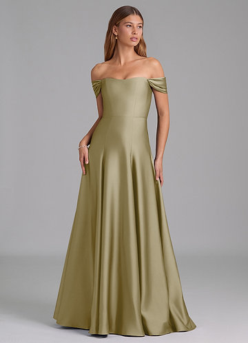 Azazie Seriana Bridesmaid Dresses Vestido Musgo Verde de Cetim elástico de Linha A com Fora do ombro image1