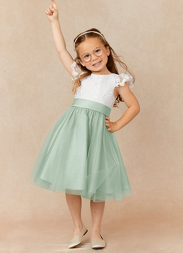 Azazie Vetty Flower Girl Dresses Ivory Agave A-Line Lace Tulle Dress image1