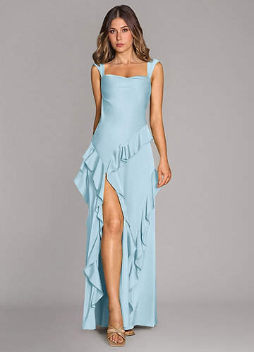 light blue ruffle bridesmaid dress Light Blue Straps with Bows Mermaid Satin Tiered Long Bridesmaid Dress Sky Blue / 18 main image 0