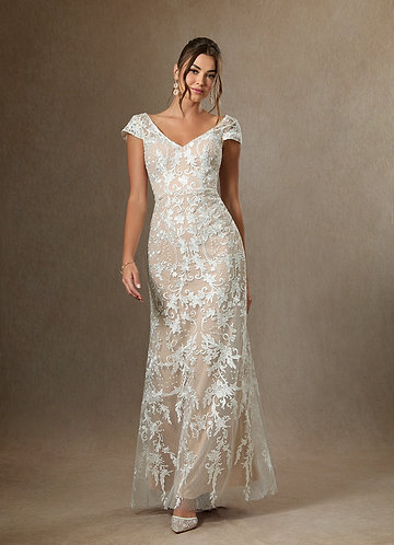 Azazie Devonna Wedding Dresses Diamond White Champagne Sheath V-Neck Sequins Lace Dress image1