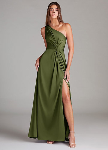 Azazie Brooke Bridesmaid Dresses Olive A-Line One Shoulder Stretch Satin Dress image1