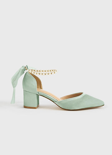 front Matching Color Matte Satin Pearl and Bow Pointed Toe Block Heels