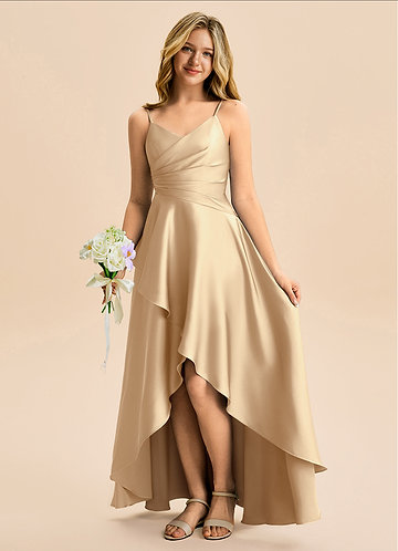 Azazie Eirlys Junior Robe Trapèze en Satin extensible Plissée Champagne image1