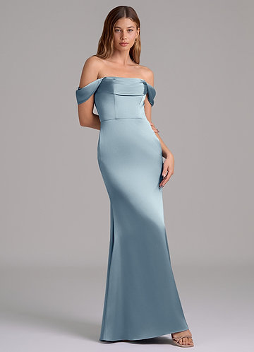 Azazie Miley Bridesmaid Dresses Vestido Azul Empoeirado de Cetim elástico de sereia com Fora do ombro image1