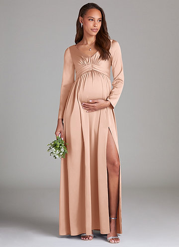 Azazie Teton Gravidklänningar för brudtärnor Klänning A-Linje Långärmad Golvlängd Stretch Satin image1