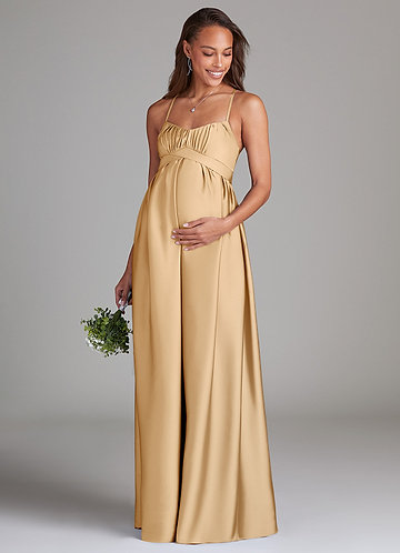 rose gold maternity bridesmaid dress Azazie A-Line V-Neck Floor-Length Stretch Satin Maternity Bridesmaid Dresses