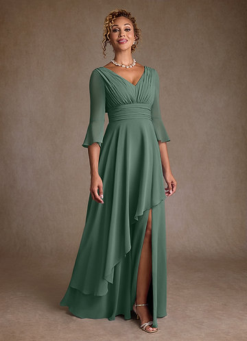 green emerald velvet dress Mother of The Bride Olive Green Dresses A Line V Neck 3/4 Illusion Sleeves Appliqued Chiffon Floor Length Mother of The Bride Dresses