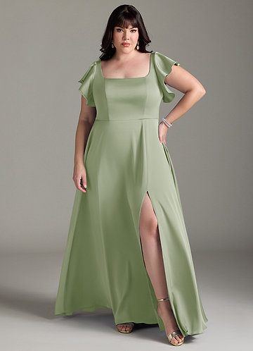 Azazie Bondi Bridesmaid Dresses Vestir Dusty Sage de Cetim elástico de Linha A com Arco image1