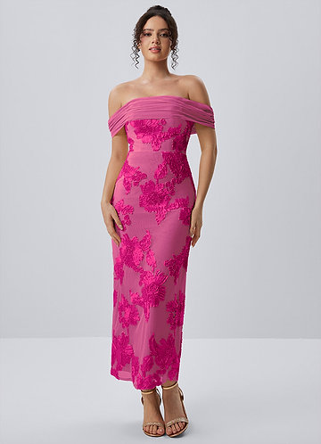 Berenice Fuchsia Stretch maxi-jurk met 3D-bloemen en kant image1
