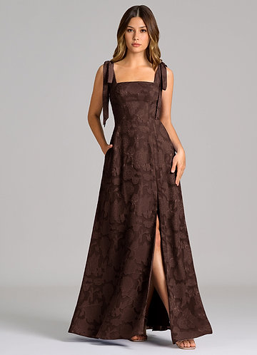 Azazie Debra Bridesmaid Dresses Ganache A-Line with Pockets Floral Burnout Dress image1