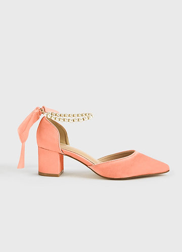 front Matching Color Matte Satin Pearl and Bow Pointed Toe Block Heels