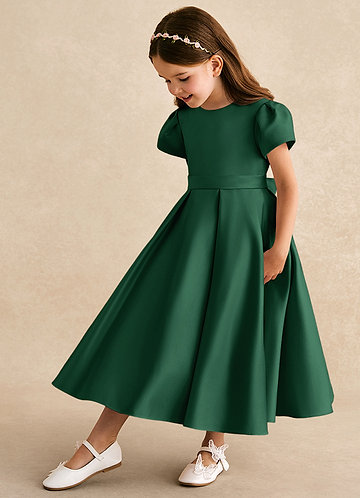 Azazie Princess Flower Girl Dresses Dark Green A-Line Pleated Matte Satin Dress image1