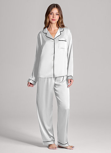 front White Long Sleeves and Pants Satin PJ Set