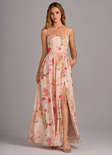 Azazie Calianna Robes Demoiselle d'honneur Robe Trapèze Convertible en Mousseline de soie Épaule décolletée Bouquet Florale Abstrait image1