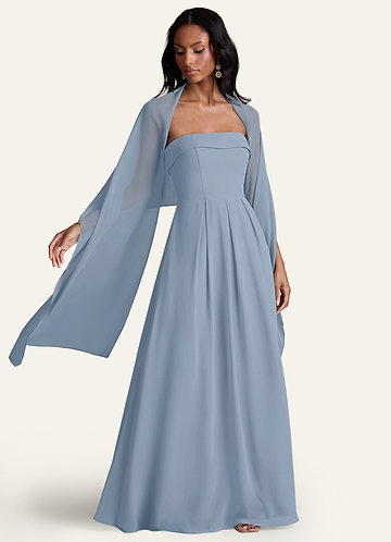 Azazie Milfred Dusty Blue Sheath Boatneck Stretch Satin Dress | Azazie