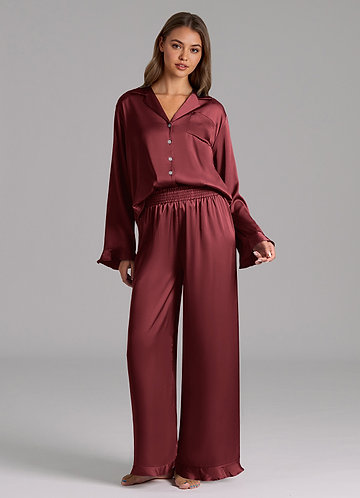 front Burgundy Ruffled Satin Long Sleeve Pajama Set