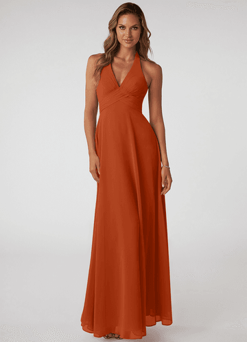 Azazie Tessie Vestidos Dama de Honor Vestido de Naranja Quemada de Gasa de Corte en A con Cuello en V plisado image1
