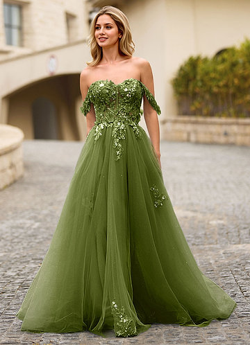 Eleanor Verde Vestido de baile com renda floral 3D image1