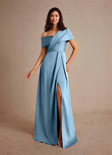 Azazie Milton Mother of the Brides Dresses Steel Blue A-Line Pleated Stretch Satin Dress image1