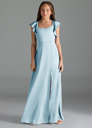 Azazie Bondi Junior Vestido Céu Azul de Cetim elástico de Linha A com Fenda Lateral image1