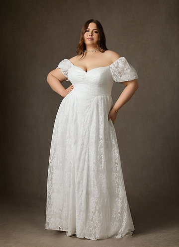 Azazie Britt Wedding Dresses Vestido Diamante Branco de Renda de Linha A com Decote em coração image1