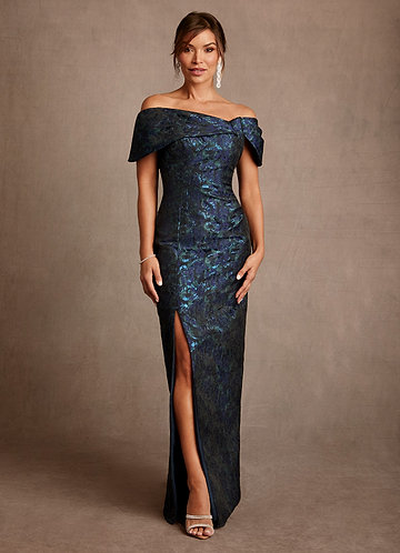 Azazie Zion Mother of the Brides Dresses Dark Navy Sheath Off the Shoulder Floral Jacquard Dress image1