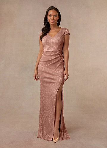 Azazie Galilea Mother of the Bride Dresses Rose Gold Mermaid V-Neck Metallic Mesh Dress image1