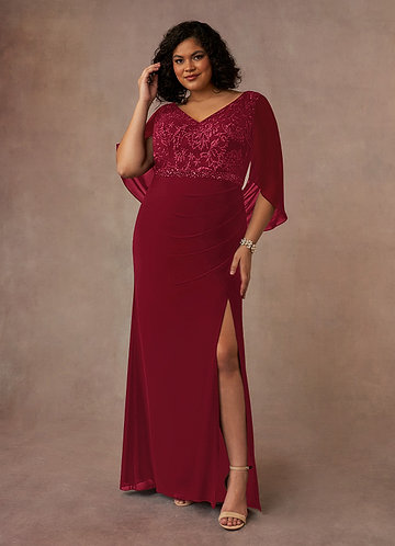 Azazie Laina Vestidos para la madre de la novia Vestido de Borgoña de Gasa de Corte Sirena con Encaje image1