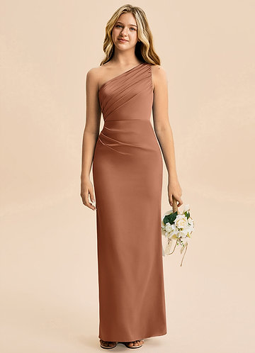 Azazie Akilah Junior Bronzer Sheath Pleated Stretch Satin Dress image1